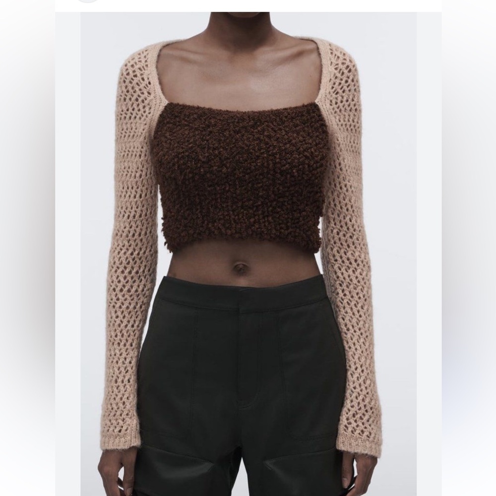 Women's Furry Cropped Knit Sweater Top Square Neck Long Sleeve wool blend